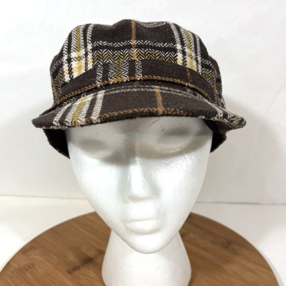 Plaid Newsboy Brown White Yellow Hat Cap Womens Preppy Retro Driving Wool Blend - Picture 4 of 10